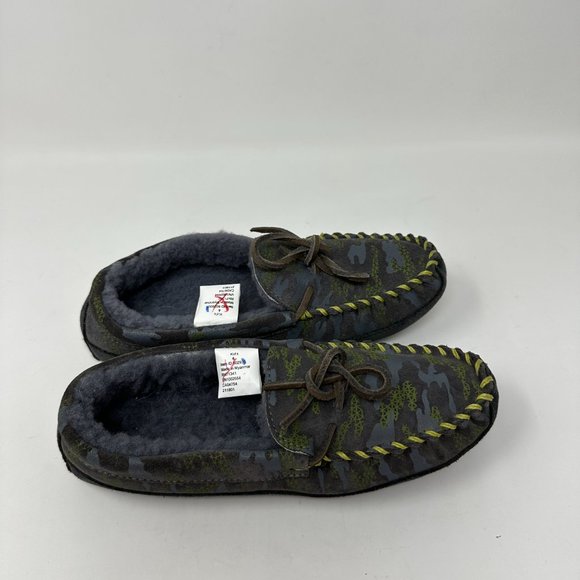 LL Bean Boys KIDS Slippers Camouflage Moccasins Suede Sheepskin Shearling - Picture 2 of 11